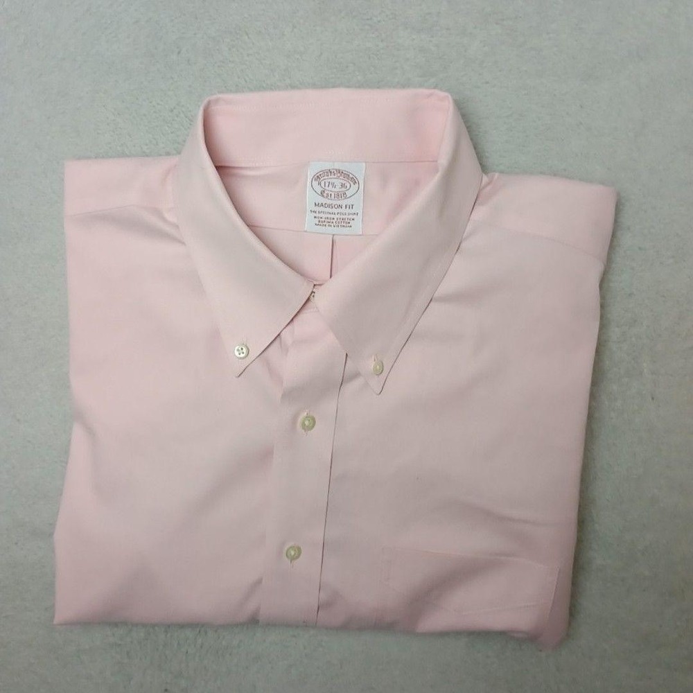 Brooks Brothers Shirt Mens 17.5 36 Pink Button-Up Madison Fit Non-Iron Supima